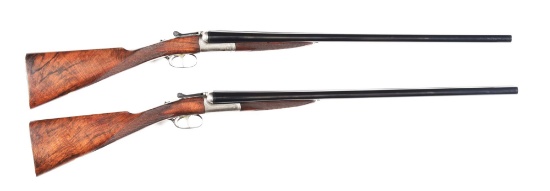 (C) PAIR OF SIDE BY SIDE ROUND BODY SHOTGUNS BY JAMES MACNAUGHTON & SONS, SLEEVED BY DICKSON.