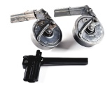 LOT OF 3: TWO P.08 SNAIL DRUM MAGAZINES, ONE WITH MP-18 ADAPTER & ONE REPRODUCTION SNAIL DRUM LOADER