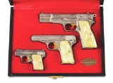 (C) LOT OF 3: CASED SET OF RENAISSANCE ENGRAVED BELGIAN MADE BROWNING HI-POWER, 1910, AND 1905 SEMI-