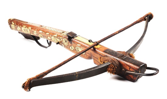 AN ATTRACTIVE STAGHORN INLAID GERMAN CROSSBOW, WITH PATTERNS OF FRUITS AND FLORALS WITH INTERWEAVING