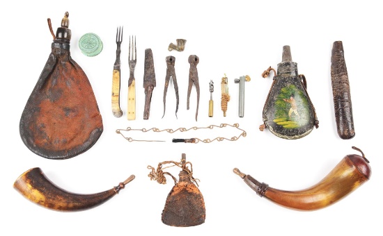 LOT OF 6: TWO POWDER HORNS, FOUR POWDER FLASKS, & DISPLAY CASE OF MISC. ACCESSORIES.