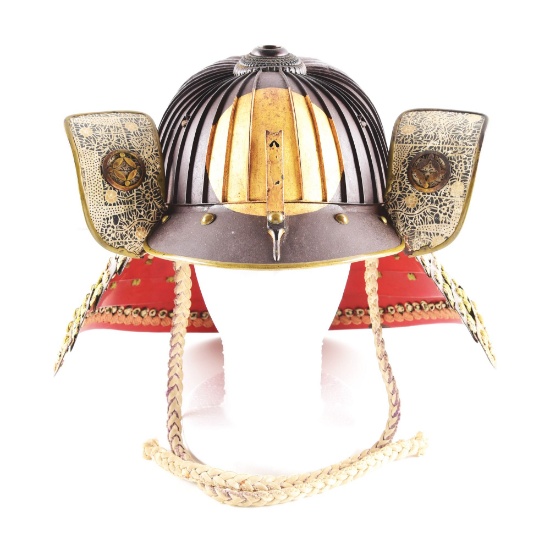 36 PLATE JAPANESE KABUTO WITH RISING SUN MOTIF AND LARGE FUKIGAESHI.