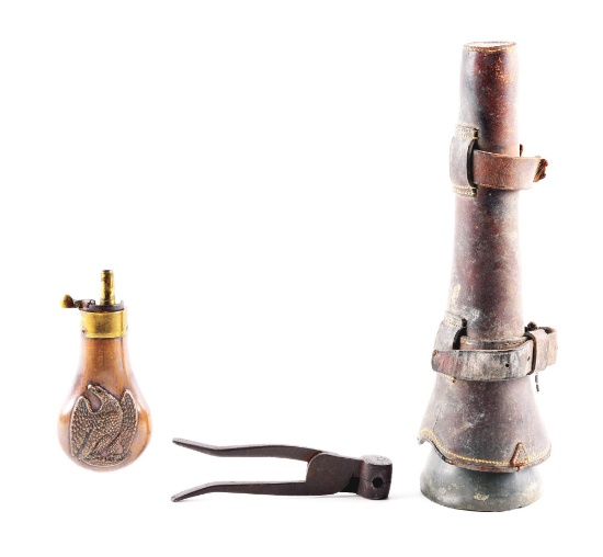 19TH C. DIXON "SPIRITS" FLASK WITH HOLSTER, EAGLE POWDER FLASK, AND BALL MOLD..