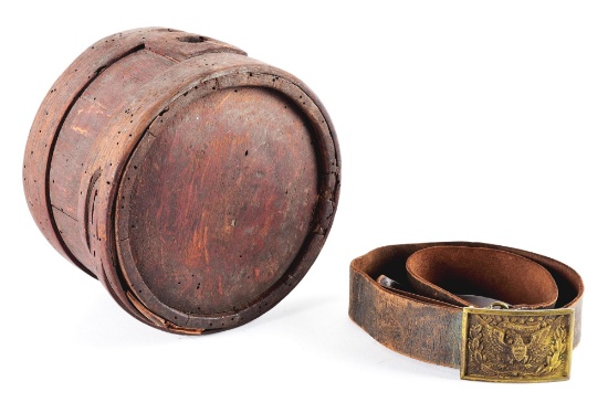 LOT OF 2: CIVIL WAR BELT AND REVOLUTIONARY WAR ERA CANTEEN.
