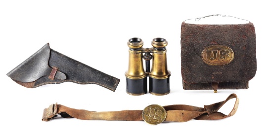 LOT OF 4: CIVIL WAR ERA BINOCULARS, CARTRIDGE BOX, HOLSTER AND CROSS BELT.