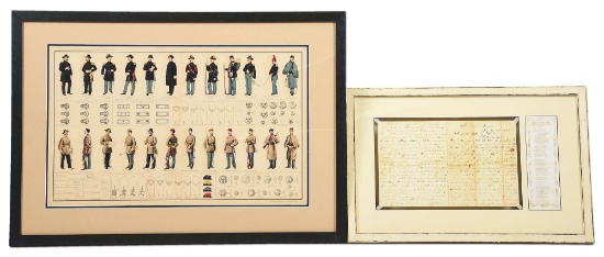 LOT OF 2: CIVIL WAR LETTER AND 1891 CIVIL WAR UNIFORM CHART