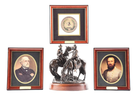 LOT OF 4: THE LAST MEETING SCULPTURE BY RON TUNISON, CONFEDERATE SEAL, CONFEDERATE GENERAL PORTRAITS