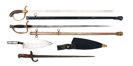 LOT OF 4: GERMAN SWORD, GAR SWORD, FRENCH BAYONET, AND US TROWEL BAYONET