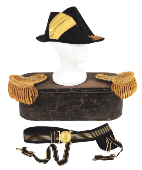 WWI ERA CASED NAVY FOR-AND-AFT HAT WITH COMMANDER EPAULETS AND BELT.