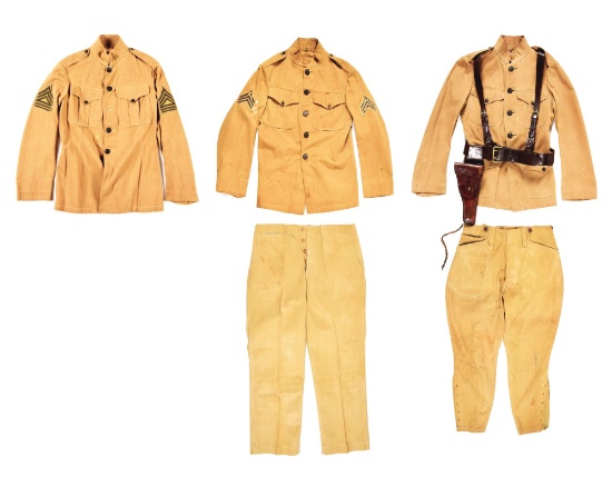 LOT OF 5: 3 USMC MODEL 1912 SUMMER SERVICE COATS, 2 PANTS, AND 1 HOLSTER