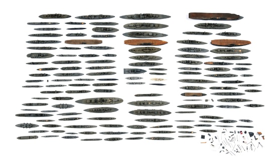 COLLECTION OF 136 ANTIQUE WATERLINE MODELS OF WARSHIPS, WWI TO WWII.