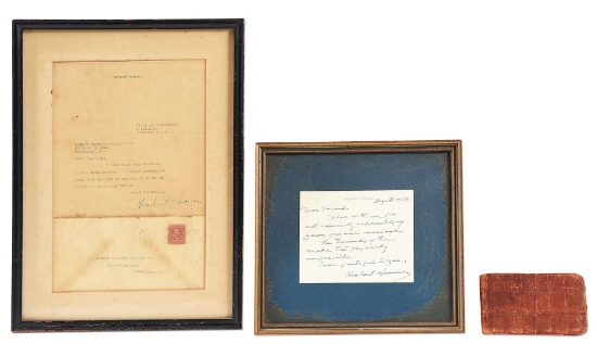 LOT OF 3: FRAMED HERBERT HOOVER SIGNATURES AND A NOTEBOOK WITH CHESTER A. ARTHUR AND CABINET MEMBER'