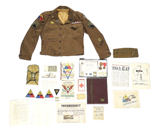 LOT OF 2 US WWII GROUPINGS: 41ST TANK BATTALION UNIFORM GROUPING AND 319TH INFANTRY REGIMENT MEDAL G