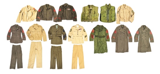 LOT OF 13: 11 USMC UNIFORMS, OVERCOATS, AND 2 FLAK JACKETS