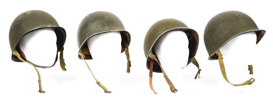 LOT OF 4: US WWII FRONT SEAM FIXED BALE HELMETS WITH LINERS