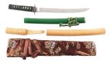 SIGNED KOTO WAKIZASHI WITH ELABORATE MOUNTS, MOUNTED IN GREEN SAYA WITH SHIRASAYA RESTING MOUNT AND