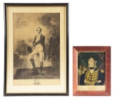 FRAMED PRINT OF GENERAL WILLIAM HENRY HARRISON AND OF A YOUNG GEORGE WASHINGTON.