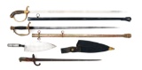 LOT OF 4: GERMAN SWORD, GAR SWORD, FRENCH BAYONET, AND US TROWEL BAYONET