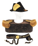 WWI ERA CASED NAVY FOR-AND-AFT HAT WITH COMMANDER EPAULETS AND BELT.