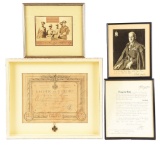 LOT OF 4: FRAMED BRITISH AND FRENCH MILITARY SIGNITURES AND DOCUMENTS