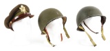LOT OF 3: TWO US WWII FRONT SEAM FIXED BALE HELMETS AND ONE OFFICER'S VISOR HAT