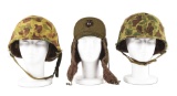 LOT OF 3: 2 USMC HELMETS WITH COVERS AND 1 USMC KOREAN WAR WINTER HAT
