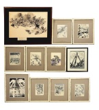 LOT OF 11: WWI AND WWII INK DRAWINGS