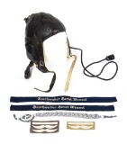 LOT OF 6: WWII LUFTWAFFE FLIGHT HELMET, MARKSMANSHIP LANYARD, RANK INSIGNIA, AND CUFFTITLES