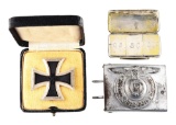 LOT OF FOUR: GERMAN WWII SS BUCKLE, DOUBLE MARKED ZIMMERMANN EK1, EK1 CASE, AND PILL BOX