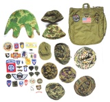 LOT OF VIETNAM WAR HEADGEAR AND POST WWII-VIETNAM WAR PATCHES