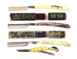 LOT OF 4: 3 STRAIGHT RAZORS AND 1 ART NOUVEAU CORKSCREW.