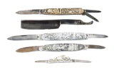LOT OF 5: FOUR FOLDING KNIVES AND ONE RAZOR BLADE.