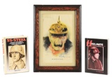 LOT OF 3: 2 SS HELMET BOOKS AND US WORLD WAR I KAISER WILHELM PRINT.