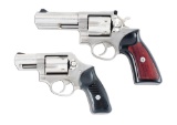(M) LOT OF TWO: RUGER GP100 & RUGER SP101 STAINLESS STEEL DOUBLE ACTION REVOLVERS.