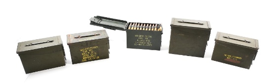 LOT OF 5: FIVE METAL AMMO CANS OF .50 BMG AMMUNITION, APPROXIMATELY 500 ROUNDS.