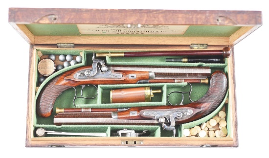 (A) HIGH CONDITION PAIR OF JOHN BLANCH AND SON PERCUSSION DUELING PISTOLS IN CASE.