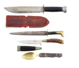 LOT OF 4: MARBLES KNIFE WITH FOREIGN KINVES AND PARTIAL ARMY KNIFE.