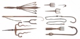 LOT OF 10: EARLY SCARCE HAND-WROUGHT FISH SPEARS AND HOOKS FOR SHARK AND OTHER DEEP SEA FISH.
