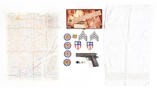 (C) REMINGTON RAND 1911A1 SEMI-AUTOMATIC PISTOL WITH CUSTOM CASE, MILITARY PATCHES, AND A CLOTH MAP