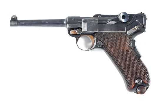 (C) 1900 DWM SWISS LUGER SEMI-AUTOMATIC PISTOL WITH HOLSTER AND STRAP.