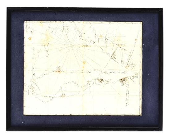 1821 DATED INK ON PARCHMENT MAP OF SAILING ROUTE FROM JAMAICA TO NANTUCKET.