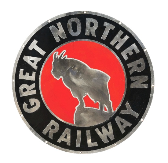GREAT NORTHERN RAILWAY STAINLESS STEEL SIGN W/ MOUNTAIN GOAT GRAPHIC.