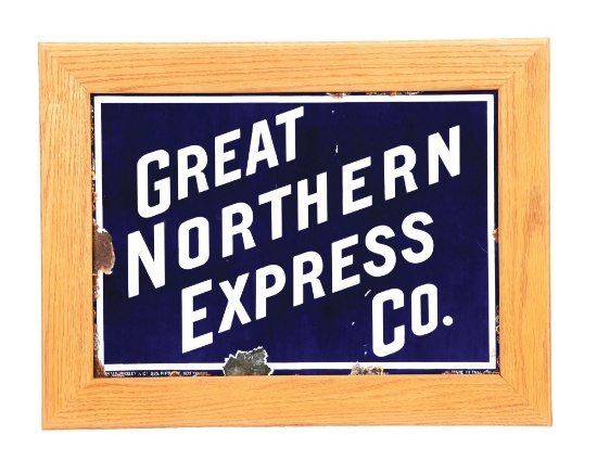 GREAT NORTHERN EXPRESS COMPANY PORCELAIN SIGN W/ WOOD FRAME.