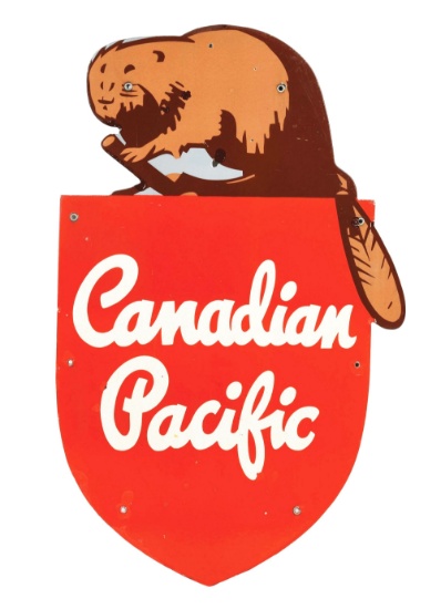 CANADIAN PACIFIC DIE CUT PORCELAIN SIGN W/ BEAVER GRAPHIC.