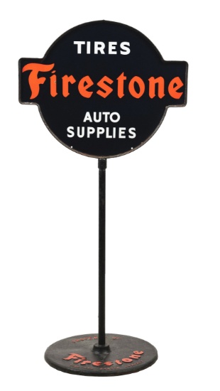 FIRESTONE TIRES & AUTO SUPPLIES DIE CUT PORCELAIN LOLLIPOP SIGN.