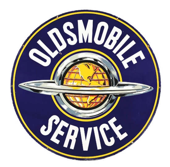OLDSMOBILE SERVICE PORCELAIN SIGN W/ GLOBE GRAPHIC.