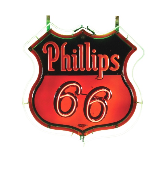 PHILLIPS 66 GASOLINE EMBOSSED PORCELAIN DOUBLE SIDED NEON SIGN.