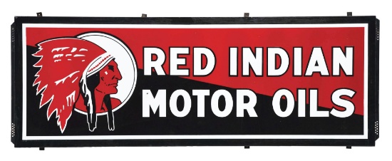 RARE RED INDIAN MOTOR OILS PORCELAIN SIGN W/ SELF FRAMED EDGE.