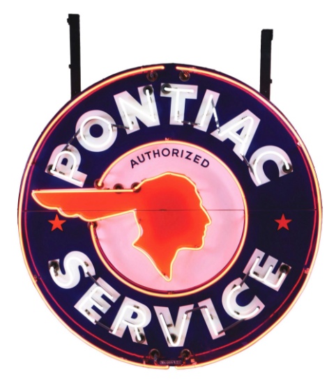 OUTSTANDING PONTIAC SERVICE COMPLETE PORCELAIN NEON SIGN ON METAL CAN.