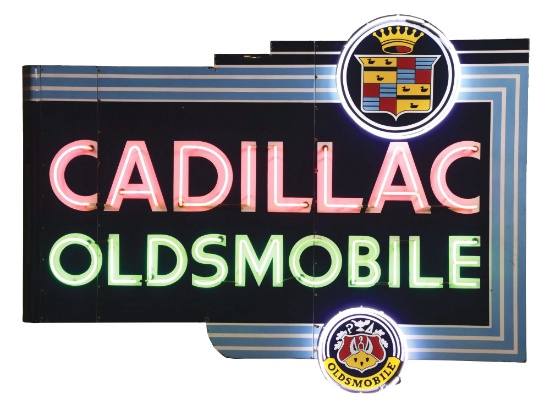 OUTSTANDING CADILLAC & OLDSMOBILE DIE CUT PORCELAIN NEON SIGN W/ BULLNOSE ATTACHMENT.